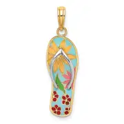 14k Yellow & Rhodium Gold and Rhodium Multi-Colored 3D Enamel Fuschia Flowers On Flip-Flop Charm