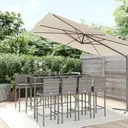 9 Piece Outdoor Bar Set Table, Chairs for Patio, Garden Conversation with Poly Rattan, Wicker and Comfortable Cushions in Grey - Furniture Clearance, Small Balcony