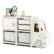 Costway Toy Storage Organizer Truck-shaped Cabinet w/2 Plastic Bins & Drawers Playroom Beige