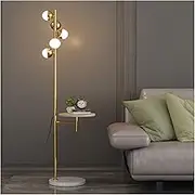 Modern Floor Lamp with Shelf, Marble Base Modern Tall Stand Up Light with Wood End Table and Built-in Charging Port for Living Room Sofas Bedroom Standing Light(Gold)