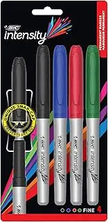BIC 972867 Intensity Permanent Fine Point Markers- Pack of 4- Office, Low Odour, Non Toxic, Snap Lock Cap, Non Slip Grip- Assorted Colours