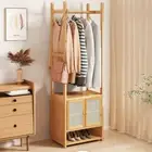 Premium Bamboo Storage Cabinet Clothes Rack Coat Garment Stand Hanging Rail Hook