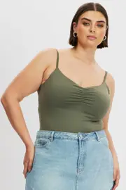 Green Bodysuit Singlet Front Ruched Supersoft