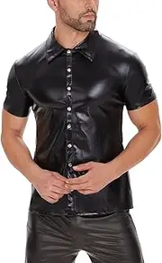 [xokesy] Mens Sexy Shiny Patent Leather Shirt Short Sleeve Soft Casual Leather Shirt Lapel Club Outfits Clubwear Muscle Shirt Elastic Undershirt Black with Buttons