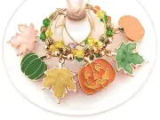 Thanksgiving Wine Charms, Fall Leaf Wine Charms and Pumpkins, Glass Tag Ident...