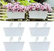 LaLaGreen Rail Planter Box (4 Pack, 16 Inch) Large White Metal Hanging Flower Pots, Rectangle Outdoor Strawberry Plant Holder Window Balcony Deck Railing Fence Minimalist Farmhouse Countryside Style