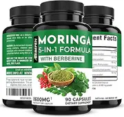 Moringa Capsules with Berberine | Turmeric | Ashwagandha | and Spirulina - 5in1 Moringa Supplement - Equivalent 8600mg Per Capsule - 90 Capsules for 3 Months Supply