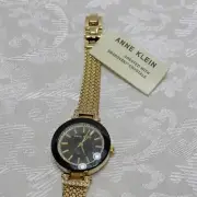 ANNE KLEIN Watch AK1906-Y12E Black Gold Tone Stainless Mesh Bracelet Crystal New