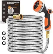 Metal Garden Hose 75ft Copper Bullet, Heavy Duty Stainless Steel Water Hose with 10 Function Sprayer Nozzle, Leaf-Proof Kink Free Lightweight for Outdoor,Yard,Lawn,Patio, Car