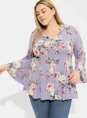 Torrid Blouse Women's 00 Fit & Flare Purple Floral Bell Sleeve Button Front Top