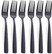 Matte Black Dinner Fork Set of 6, FULLYWARE 8.0 inches Stainless Steel Black Silverware Fork, Metal Hammered Fork, Satin Finish.