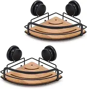 CARLA HOME 2 Pack Corner Shower Caddy Shelf Basket Rack with Premium Vacuum Suction Cup No-Drilling, Rust Proof Stainless Steel and Bamboo Bathroom Shelf Shampoo Holder No Drilling (Round)