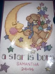 Vtg Jiffy A Star is Born Birth Record X Stitch Kit Moon Stars Teddy Bear 5"x7"