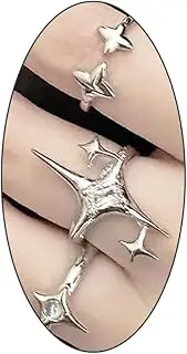 [Rrdaily] Silver Irregular Rhinestone Star Ring Set for Teen Girls Chunky Square Cross Signet Ring Set Open Adjustable Knuckle Star Ring Girl Jewelry Gift