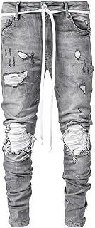 [Zylphorix] Men Elastic Ripped Mopping Denim Pants Retro Raw Edge Motorcycle Straight Jeans Y2K Mid Waist Casual Bike Trousers, Grey, X-Large