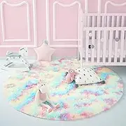 JAMFEEL Fluffy Round Rainbow Rugs for Girls Bedroom, Shag Colorful Circle Rug for Living Room, Soft Fuzzy Carpets for Princess Room, Cute Kids Playmats for Baby Nursery Home Decor, 3 Feet