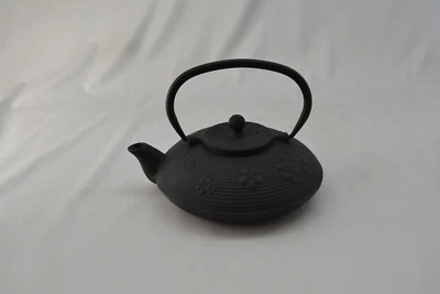 Cast Iron Teapot, Enameled Interior, Stainless Steel Strainer, Black Flowers