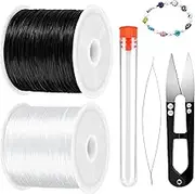 0.8mm Elastic Bracelet String Cord 2Rolls Black and Clear Elastic String Stretchy String with Beaded Needle and Scissors for Bracelets Making Hanging Decoration
