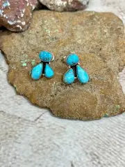 Handmade Sterling Silver Blue Bird Turquoise Studs with Signed Nizhoni