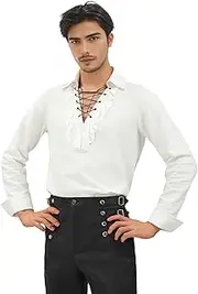 PROCOS Men's Medieval Shirt Pirate Renaissance Top Linen Long Sleeves Vampire Tunic White Lace Up Vampire Royal Costume