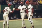 Philadelphia Phillies Dick Allen victorious with Larry Bowa during- Old Photo