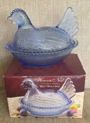 Indiana Glass Chicken HEN ON NEST Covered Candy Dish Blue Azul *New In Box