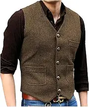 [Generic] Mens Vintage Tweed Suit Vest V Neck Casual Wool Waistcoat for Wedding Groomsmen, Army Green,