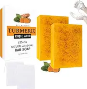2PCS Turmeric & Kojic Acid Soap Bar with Natural Granular Formula,Skin Brightening & Hydrating Facial,Infused with Hyaluronic Acid & Collagen for Healthy Glowing Skin,100g