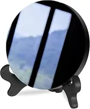 JIEXUAN Natural Black Obsidian Stone Circle Disc Round Plate Feng Shui Mirror with Stand Home Desk Decor Crafts,Black Obsidian Scrying Mirror (8cm)