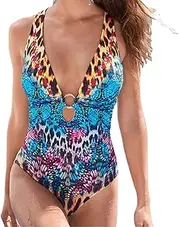 [SSKD] Women Deep V One Piece Swimsuits Bikini, Floral Butterfly Sexy Leopard Tummy Control Backless Cross Swimwear