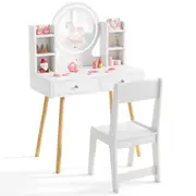 Babyjoy Kids Vanity Set Princess Dressing Table & Chair w/Drawers & Shelves Pretend Play Makeup Desk White