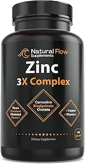 Zinc Supplement Complex with Copper and Vitamin C - Natural Flow 3X Zinc Carnosine, Bisglycinate Chelate, and Orotate, Chelated Zinc Copper Supplement for Adults, Skin and Immune Support, 120 Capsules