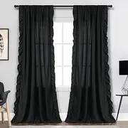 Black Curtains 84 Inch Length 2 Panels Set, Light Filtering Room Darkening Farmhouse Curtains for Living Room Rod Pocket Tan Ruffle Curtains for Bedroom Window Treatments for Kids Girls Nursery, 52x84
