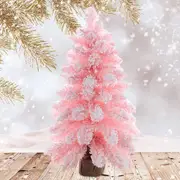 60cm Artificial Christmas Tree, Pink Tabletop Christmas Tree with Snow Flocked, Mini Xmas Pine Tree with Wooden Stand for Indoor Outdoor Holiday Home Decoration