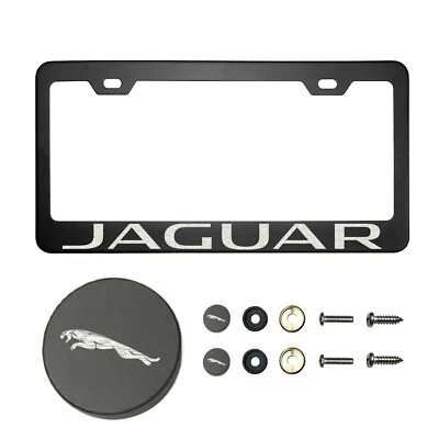 Fit Jaguar T304 Laser Etching SS Polish Black License Plate Frame w/Metal Cap