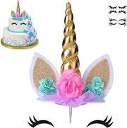 COONOE, Unicorn Cake Topper,Handmade Party Cake Decoration Supplies with multiple Eyelashes,Reuasble Gold Horn for Birthday Party,Baby Shower&Wedding