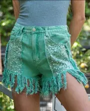 POL Women’s Green Sequin High-Rise Cut-Off Raw Fringe Jean Shorts S