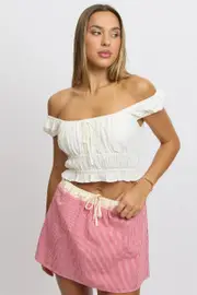 White Ruched Top Short Sleeve Linen Blend - Size 14, Women's Crop Top