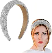 AWOCAN Rhinestone Headbands for Women Diamond Bling Rhinestone Wide Hairband Sparkle Beaded Crystal Headband Thick Padded Headband for Party Non Slip Glitter Hair Hoop (White, L)