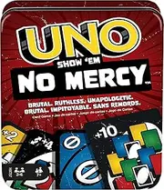 Mattel Games UNO No Mercy Card Game in a Takeaway Storage Tin for Children, Adults and Family Nights with Additional Cards, Special Rules and Harder Penalties, HXT57