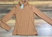 Boohoo Petite Ribbed Long Sleeved Turtle Neck Top Color is Camel USA Size 6