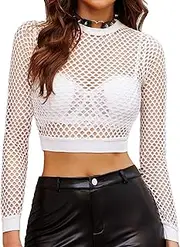 [Avidlove] Fishnet Top for Women Long Sleeve Fishnet Shirt Fishnet Crop Top (S-XXL)