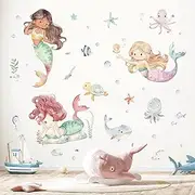 decalmile Under The Sea Mermaid Wall Decals Ocean Fish Whale Turtle Wall Stickers Bathroom Girls Bedroom Baby Nursery Wall Decor, (DM0944)