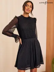 Love & Roses Black Mesh Spot Jersey Crew Neck Long Sleeve Mini Dress (AK8431) | $82