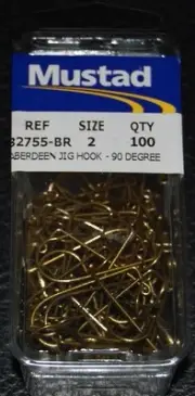 100 Mustad 32755BR Size 2 Bronze Aberdeen 90 Degree Jig Hooks 32755BR-02