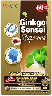 AFC Japan Ginkgo Sensei Supreme - Extra Strength 120mg Standardized Ginkgo Biloba Extract, Tri-Bioflavonoids, Lecithin, GABA & Brahmi, For Brain Function, Promote Memory, 60 Caplets, 60 Days Supply