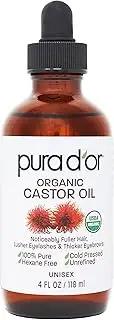 [PURA D'OR] Organic Castor Oil (4oz + 2 BONUS Pre-Filled Eyelash & Eyebrow Brushes) 100% Pure, Cold Pressed, Hexane Free Growth Serum For Fuller, Thicker Lashes & Brows, Moisturizes & Cleanses Skin