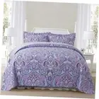 Cotton Bedspread Quilt Sets-Reversible Patchwork Queen European Purple Floral
