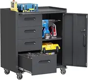 FLIXELIO Black Metal Storage Cabinet with Wheels Heavy Duty Steel Rolling Tool Carts for Garage Locking Tool Storage Cabinets with Wheels and Drawers for Kitchen Basement Warehouse, Assembly Required