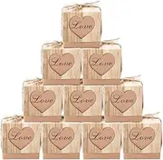 Jucoan 150 Pack Rustic Kraft Paper Candy Boxes, 2 x 2 x 2 Inch Mini Cube Wedding Favor Boxes with Burlap Jute Twine, Love Heart Party Treat Boxes for Wedding Baby Shower Birthday Party